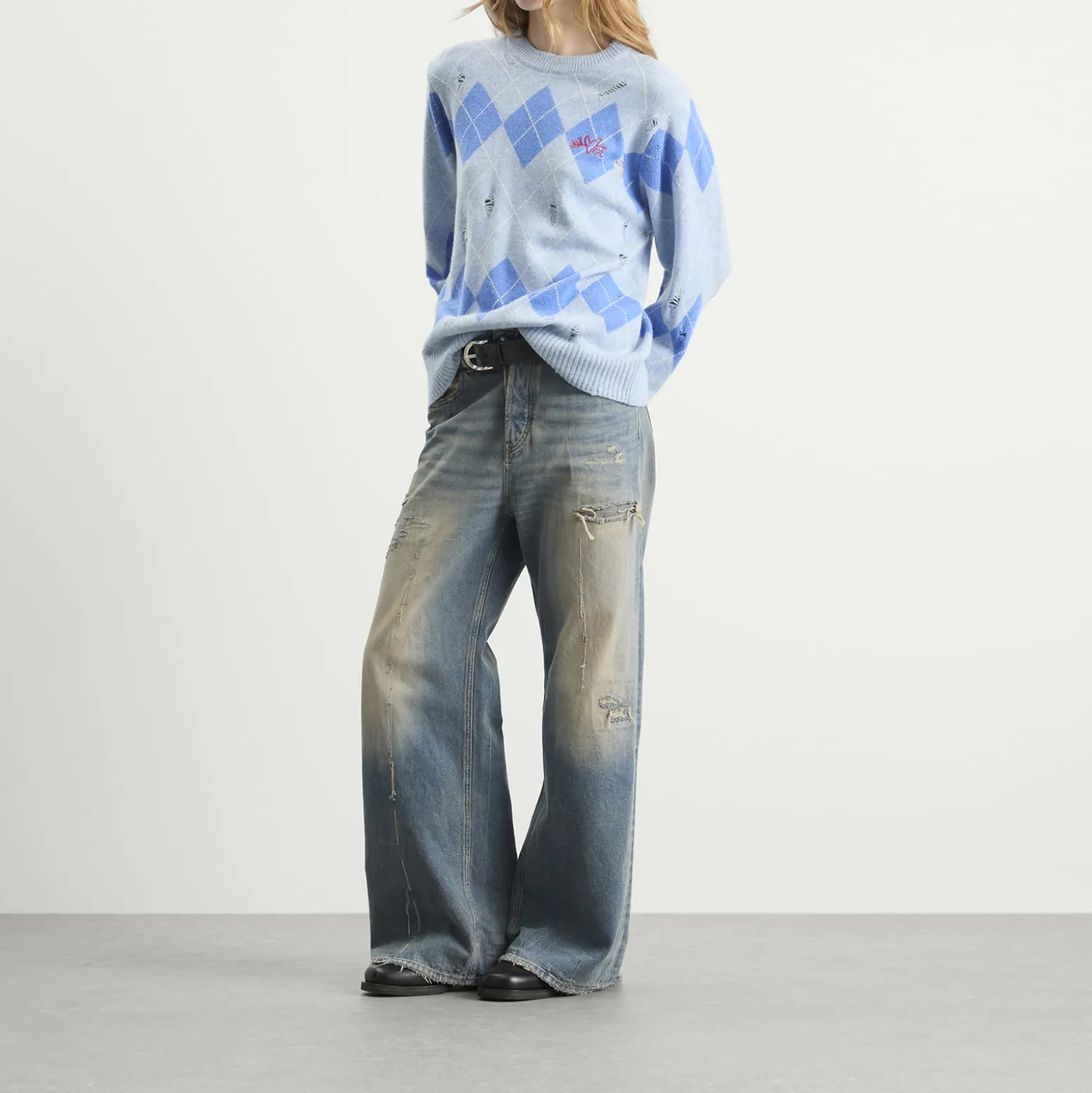 Charles Jeffrey Loverboy Distressed Argyle Jumper