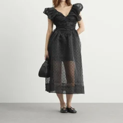 GANNI Flocked Organza Long Ruched Dress