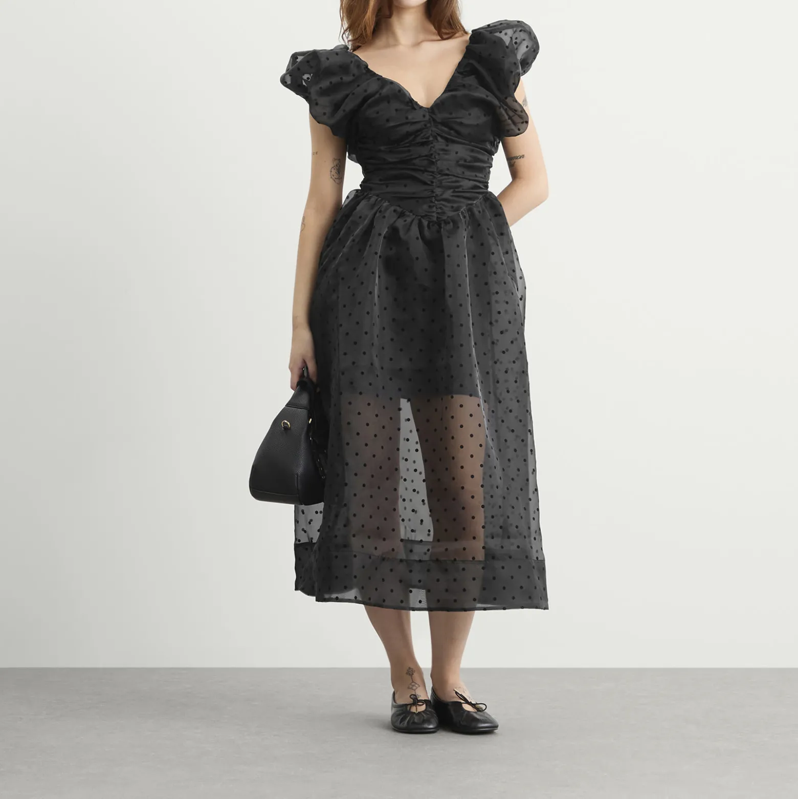 GANNI Flocked Organza Long Ruched Dress