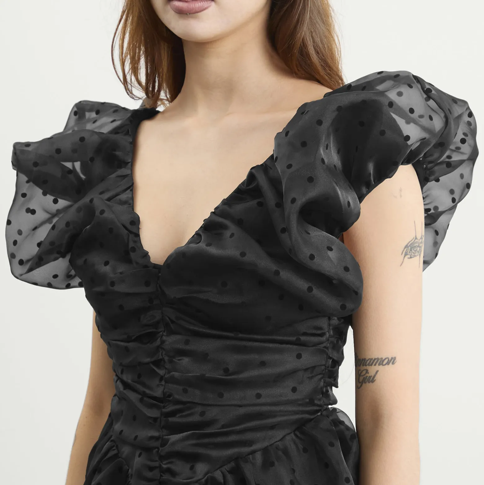 GANNI Flocked Organza Long Ruched Dress