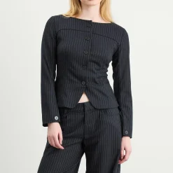 Peachy Den Bardot Long Sleeve Button Front Top
