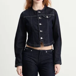 Peachy Den Goldie Collarless Denim Jacket