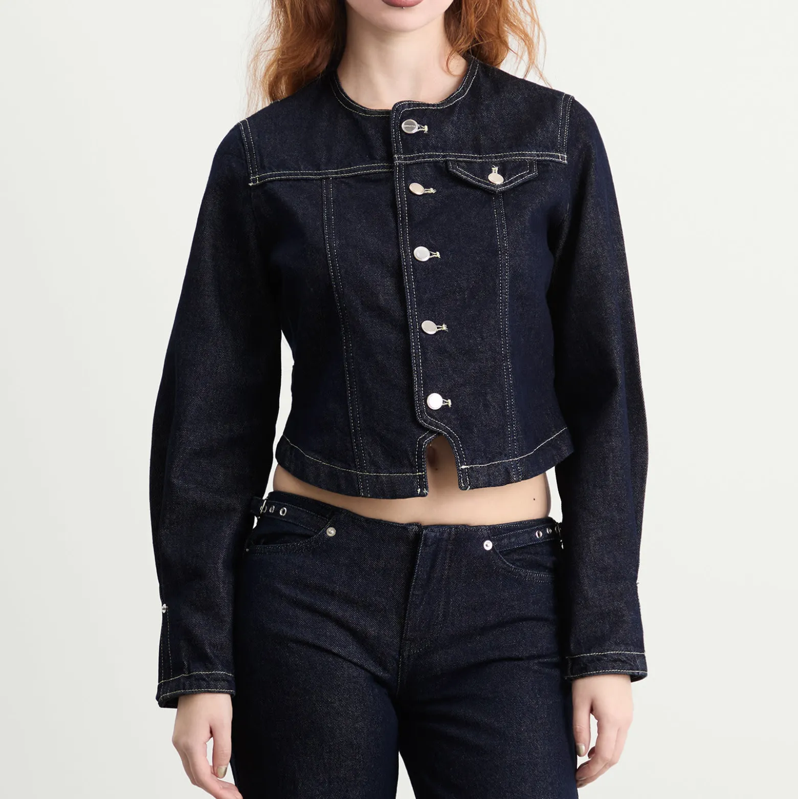 Peachy Den Goldie Collarless Denim Jacket