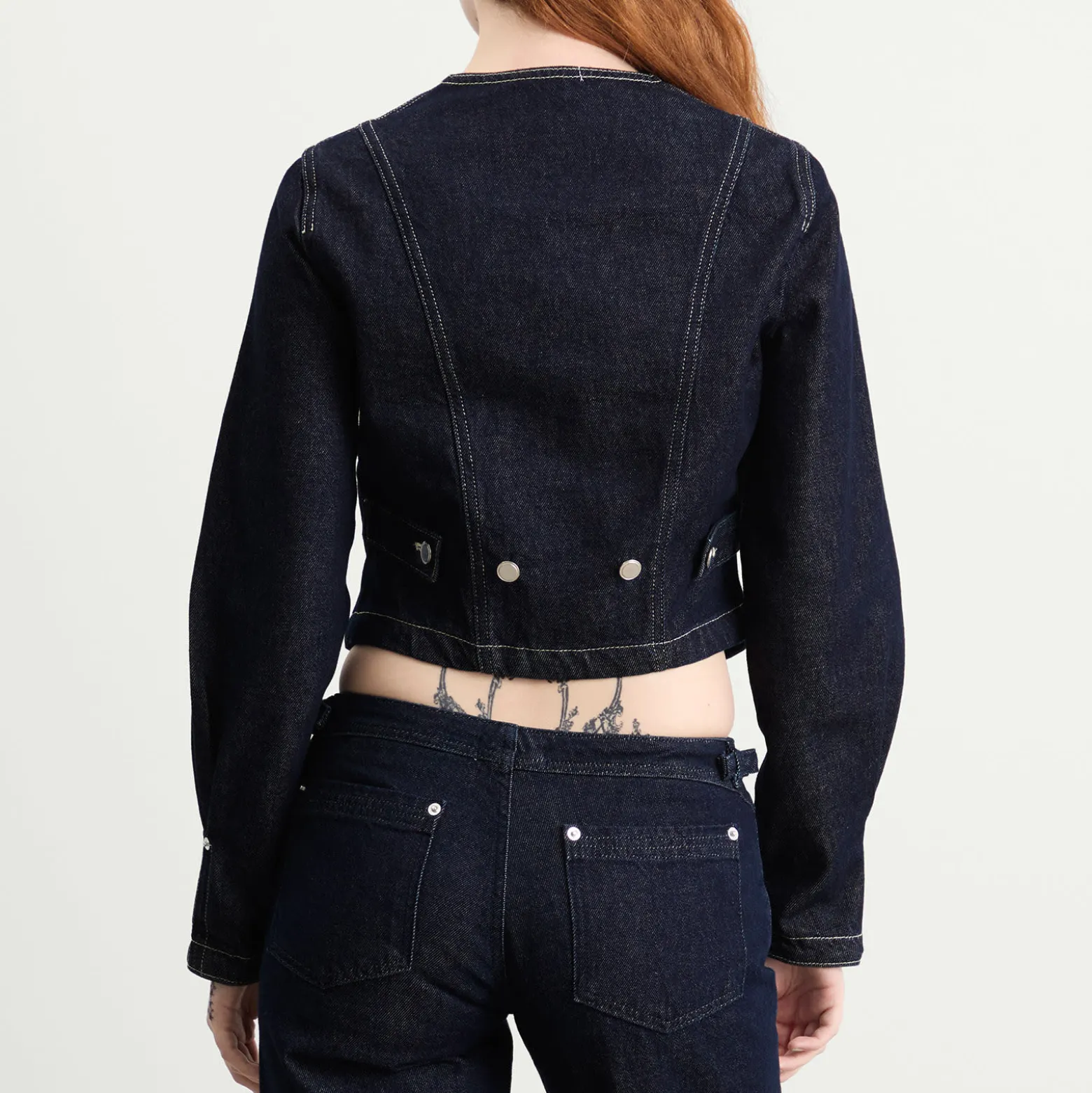 Peachy Den Goldie Collarless Denim Jacket