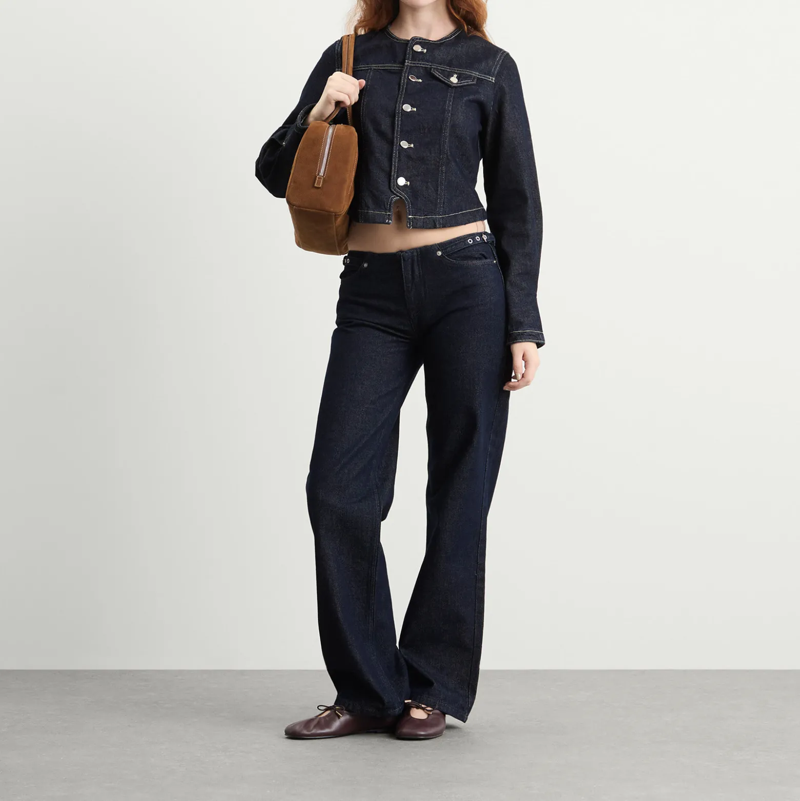 Peachy Den Goldie Collarless Denim Jacket